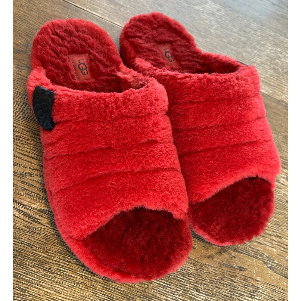 Ugg Slipper Slide “Fluff” in Samba Red Men’s Sz 8 All Sherpa Wool Non Slip